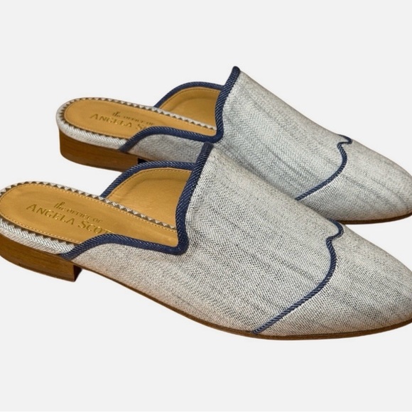The Office Of Angela Scott Shoes - Miss Adelaide by Angela Scott Denim-Trim Slip-On Mules - Light Blue 39.5
